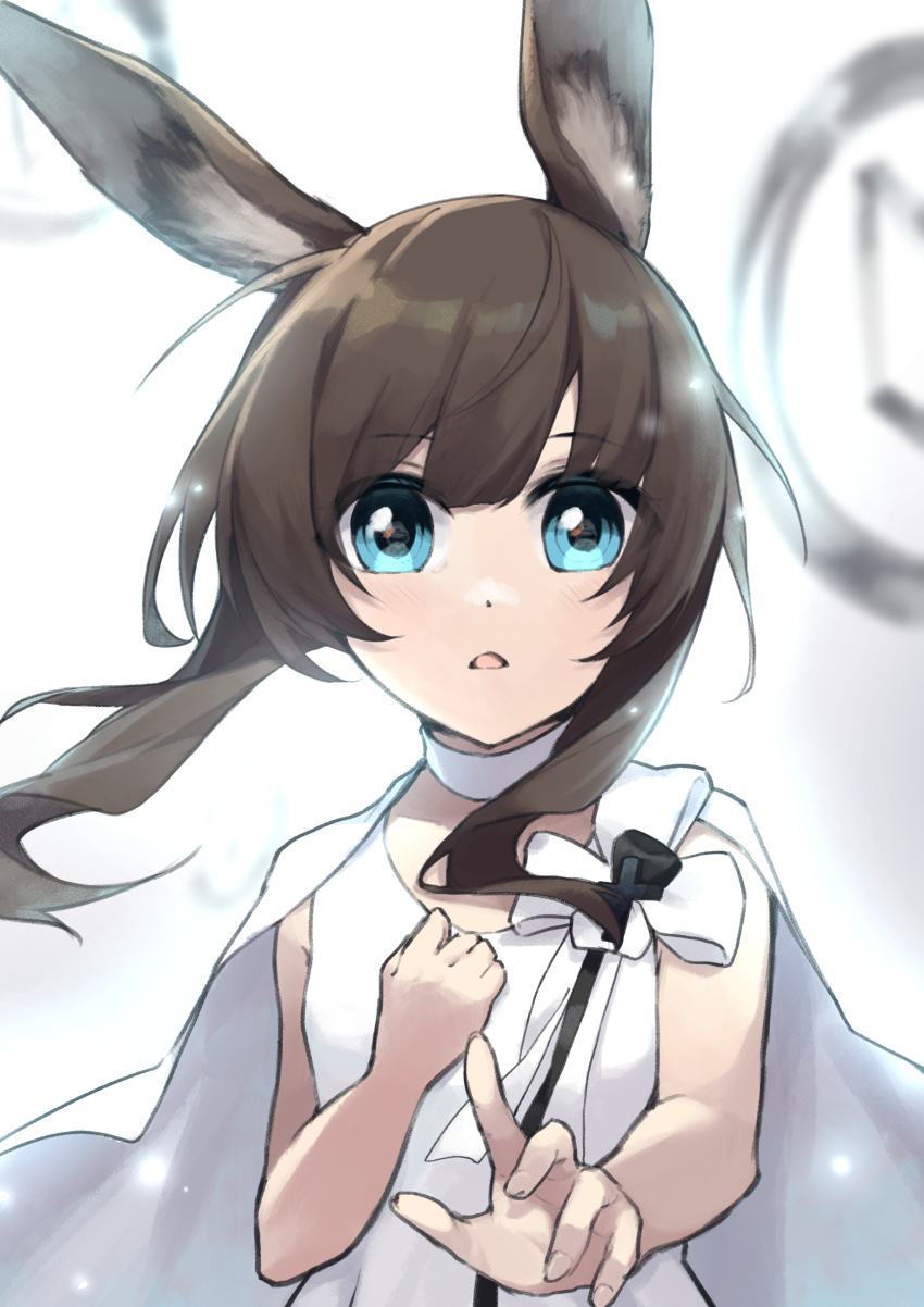 1girl absurdres aged_down amiya_(arknights) amiya_(young)_(arknights) animal_ears arknights blue_eyes brown_hair cape choker commentary dress fingernails hand_on_own_chest highres light_particles looking_at_viewer medium_hair open_mouth reaching reaching_towards_viewer solo upper_body white_background white_cape white_choker white_dress xia_bao_(wulalala)