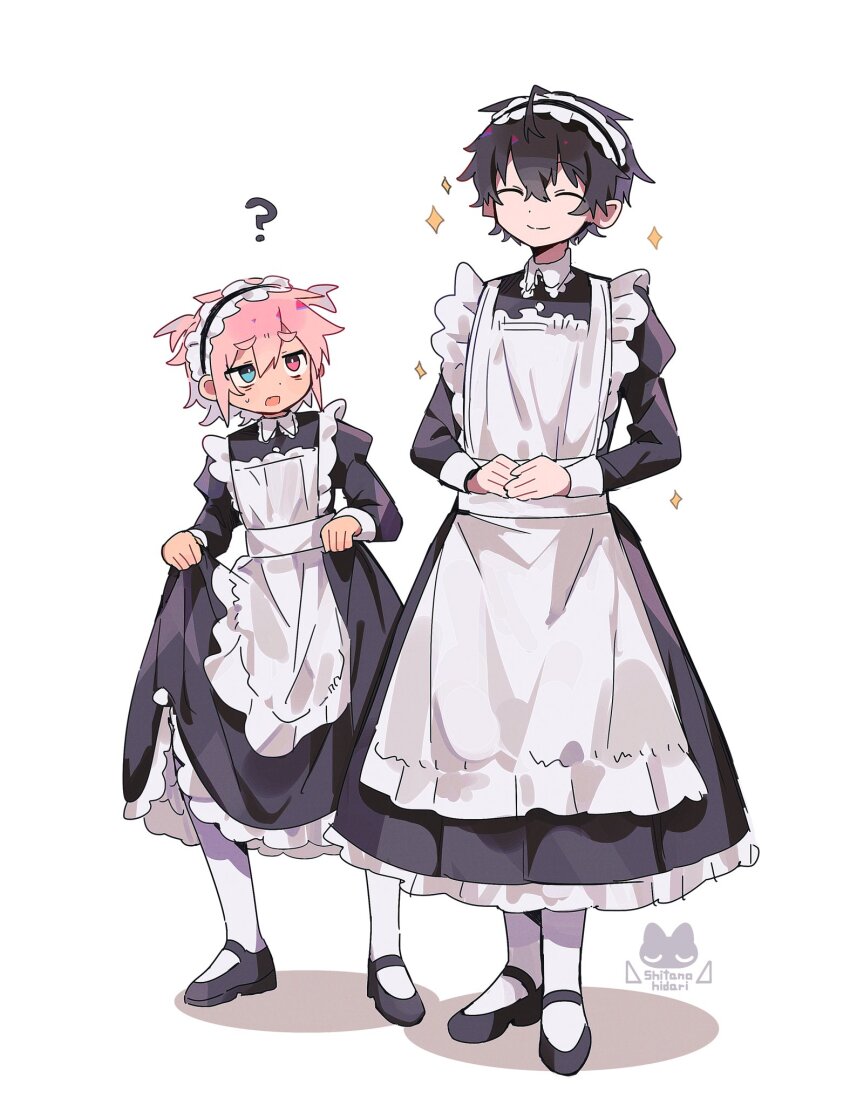 2boys ? ahoge apron black_hair blue_eyes brown_eyes brown_hair closed_eyes clothes_lift crossdressing dress dress_lift frilled_dress frills heterochromia highres juliet_sleeves long_sleeves maid maid_apron maid_headdress male_focus mary_janes multiple_boys original pantyhose puffy_sleeves raito-kun_(uenomigi) shoes short_hair shou_(uenomigi) simple_background smile star_(symbol) thick_eyebrows uenomigi white_apron white_background white_pantyhose
