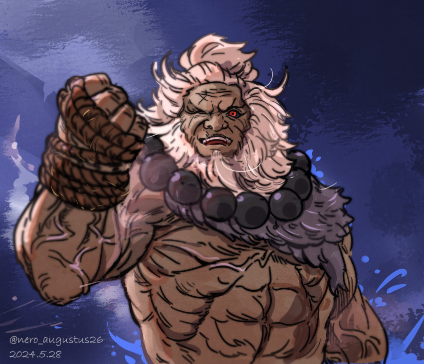 1boy akuma_(street_fighter) bead_necklace beads beard black_sclera blue_background chinese_commentary clenched_hand colored_sclera commentary_request dark-skinned_male dark_skin dated facial_hair highres jewelry looking_at_viewer male_focus muscular muscular_male necklace nero_augustus one_eye_closed prayer_beads red_eyes rope rope_around_arm scar scar_on_face smile solo street_fighter street_fighter_6 topless_male twitter_username upper_body veins veiny_arms white_hair
