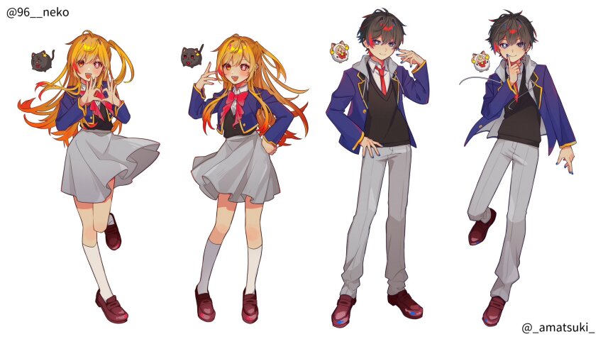 1boy 1girl 96neko amatsuki_(utaite) amenochi_hare androgynous blonde_hair blue_eyes blue_jacket bow bowtie brown_hair cosplay ear_piercing full_body grey_skirt hair_between_eyes highres hoshino_aquamarine hoshino_aquamarine_(cosplay) hoshino_ruby hoshino_ruby_(cosplay) indie_utaite jacket long_hair long_sleeves looking_at_viewer mismatched_pupils necktie niconico official_art one_side_up open_mouth oshi_no_ko piercing pink_bow pink_bowtie pink_eyes pose_imitation red_necktie school_uniform short_hair siblings skirt smile standing star-shaped_pupils star_(symbol) star_in_eye symbol-shaped_pupils symbol_in_eye utaite youtou_high_school_uniform