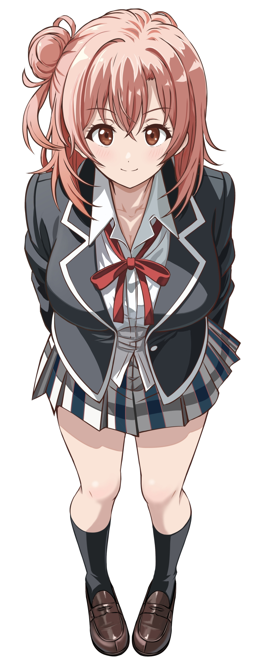 1girl absurdres black_jacket black_socks blazer blush breasts brown_eyes brown_shoes cleavage closed_mouth collared_shirt commentary_request full_body grey_skirt hair_bun highres jacket large_breasts loafers long_hair long_sleeves looking_at_viewer neck_ribbon open_clothes open_jacket pink_hair plaid_clothes plaid_skirt pleated_skirt red_ribbon ribbon school_uniform shirt shoes sidelocks simple_background single_hair_bun skirt smile socks solo standing white_background white_shirt yahari_ore_no_seishun_lovecome_wa_machigatteiru. yuigahama_yui zaofeng