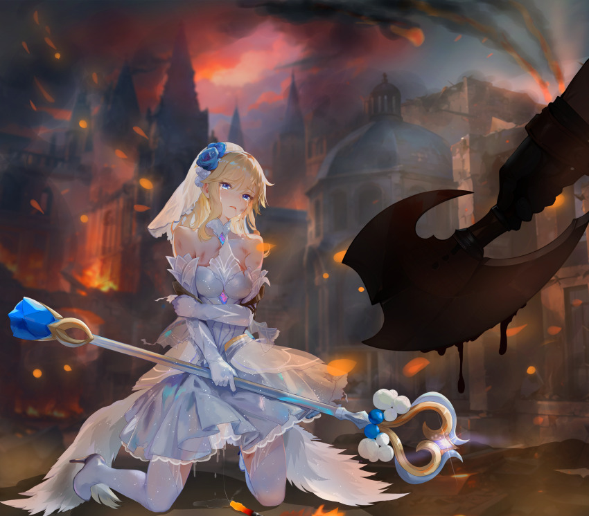 1girl 1other absurdres arm_under_breasts axe blonde_hair blue_flower blue_rose boots breasts commentary_request crying dress elbow_gloves fire flower gloves hair_flower hair_ornament highres holding holding_axe holding_staff jzby kneeling league_of_legends lux_(league_of_legends) mage_staff medium_breasts outdoors rose staff streaming_tears tears thigh_boots white_boots white_dress white_gloves
