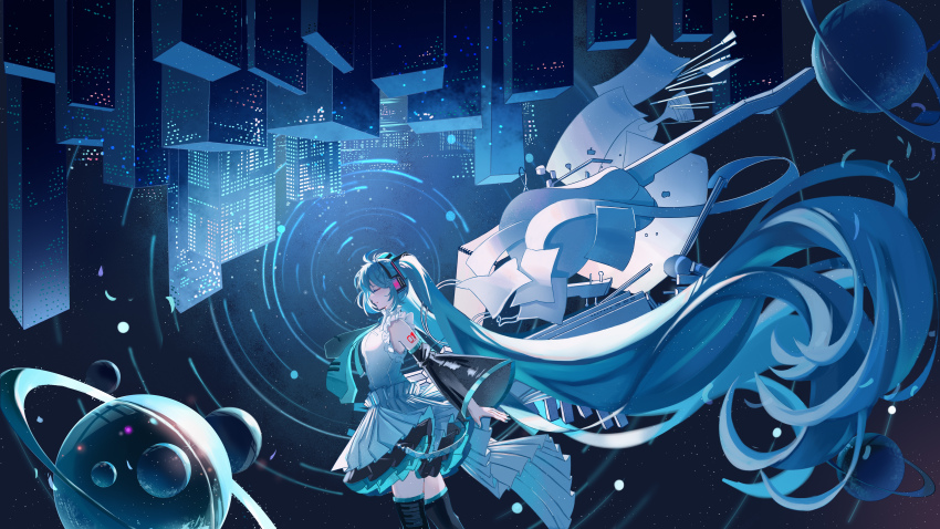 1girl absurdly_long_hair absurdres aqua_hair aqua_nails aqua_necktie arm_tattoo arms_behind_back bg5120 boots cable city closed_eyes commentary_request detached_sleeves floating_clothes floating_hair frilled_shirt frilled_skirt frills giant_brush guitar hatsune_miku hatsune_miku_happy_16th_birthday_-dear_creators- headphones highres instrument long_hair multiple_neckties nail_polish necktie paint_tube paintbrush paper piano_keys planet planetary_ring shirt skirt tattoo thigh_boots twintails upside-down_world very_long_hair vocaloid wings