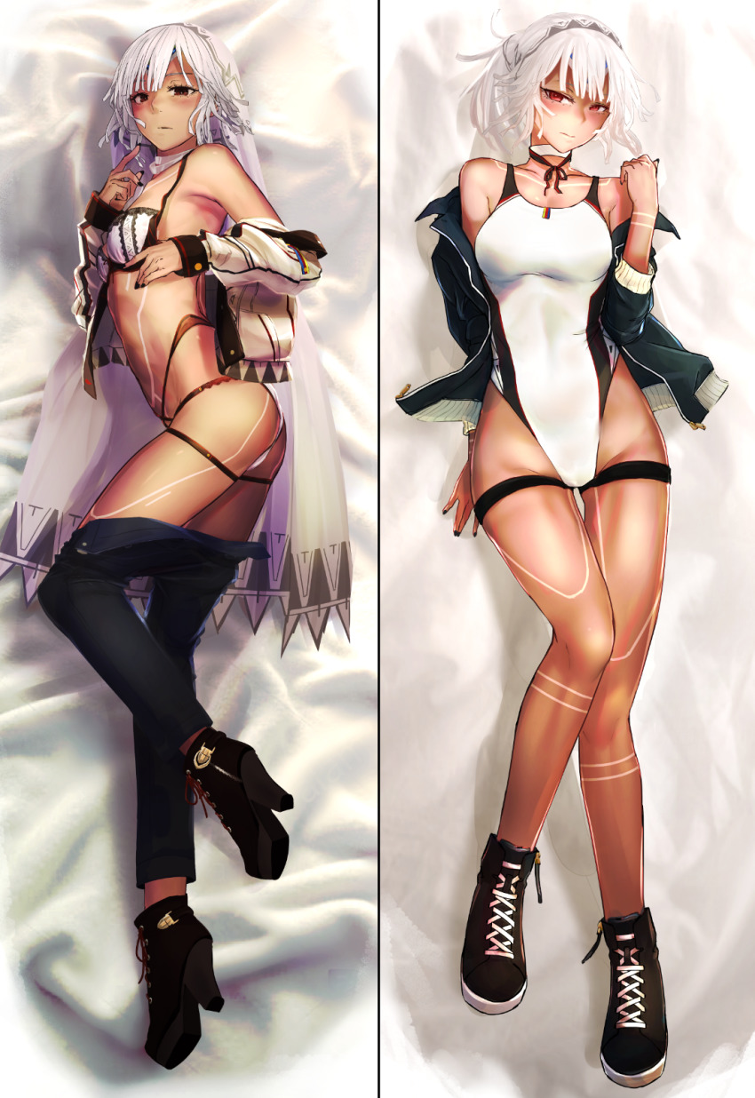 1girl altera_(fate) ass bare_shoulders bikini black_footwear black_nails black_pants blush boots breasts choker closed_mouth clothes_pull competition_swimsuit dakimakura_(medium) dark-skinned_female dark_skin fate/grand_order fate_(series) fingernails green_jacket high_heel_boots high_heels highres i-pan jacket jacket_partially_removed looking_at_viewer lying medium_breasts medium_hair multiple_views nail_polish on_back on_side one-piece_swimsuit open_clothes open_jacket pants pants_pull red_eyes swimsuit thigh_gap veil white_bikini white_choker white_hair white_one-piece_swimsuit