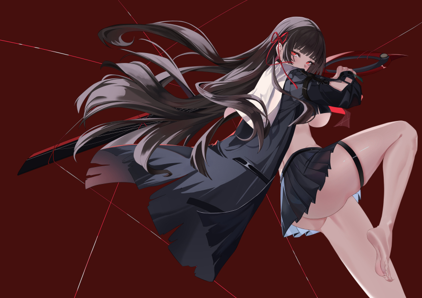 1girl absurdres adapted_costume arm_cutout ass barefoot black_jacket black_shirt black_skirt breasts chisa_(wuthering_waves) clothing_cutout commentary_request crop_top feet floating_hair from_side hair_ribbon highres holding holding_sword holding_weapon jacket knee_up large_breasts leg_up long_hair long_sleeves looking_at_viewer looking_to_the_side miniskirt neckerchief partial_commentary red_background red_eyes red_neckerchief red_ribbon ribbon sailor_collar shirt skirt soles solo sword thigh_strap thighs underboob very_long_hair weapon white_sailor_collar wuthering_waves z531525600