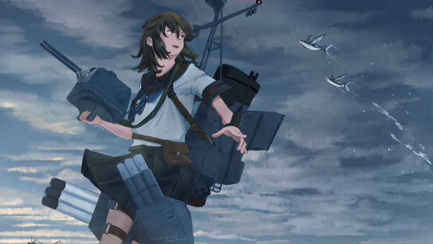 1girl adapted_turret black_hair black_sailor_collar black_skirt blue_neckerchief brown_eyes commentary cowboy_shot fish flying_fish gradient_sky grey_sky highres kantai_collection kuragare looking_back machinery miyuki_(kancolle) miyuki_kai_ni_(kancolle) neckerchief sailor_collar sailor_shirt school_uniform serafuku shirt short_hair skirt sky smokestack solo torpedo_launcher wavy_hair white_shirt