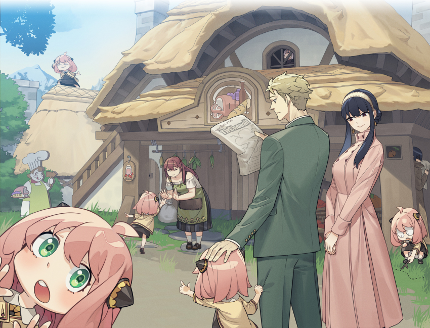 1boy 3girls anya_(spy_x_family) black_footwear black_hair black_skirt blonde_hair breasts brown_eyes brown_hair child cowboy_shot formal_clothes green_eyes green_jacket green_pants green_suit hairband hairpods haje hand_on_another&#039;s_head highres holding holding_newspaper inn jacket long_hair long_jacket medium_breasts medium_hair multiple_girls newspaper open_mouth outdoors pants pink_hair pink_jacket reading short_hair sidelocks skirt smile spy_x_family suit suit_jacket teeth twilight_(spy_x_family) upper_teeth_only v_arms vacation yellow_jacket yor_briar