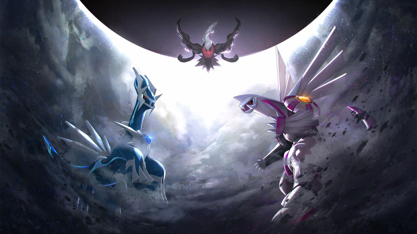 black_sclera blue_gemstone claws closed_mouth colored_sclera darkrai dialga gem gen_4_pokemon glowing highres leg_up legendary_pokemon mythical_pokemon nintendo no_humans official_art otsumami_(bu-bu-heaven) palkia pokemon pokemon_(creature) pokemon_focus red_eyes smoke third-party_source