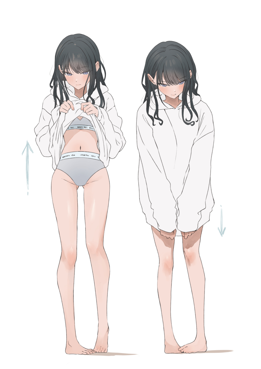 1girl absurdres arrow_(symbol) barefoot black_hair blush clothes_lift collarbone groin highres hood hoodie hoodie_lift idolmaster idolmaster_shiny_colors illumination_stars_(idolmaster) kazano_hiori long_sleeves mole mole_under_mouth multiple_views navel stomach umirororo underwear white_hoodie