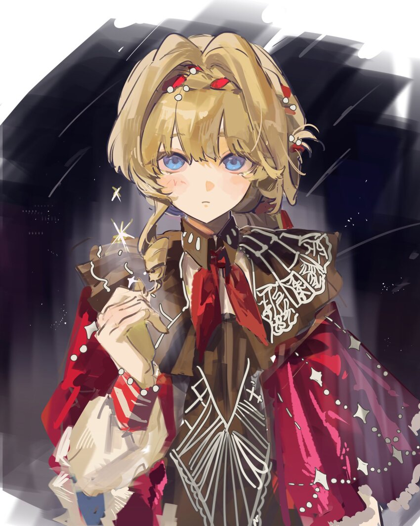 1girl blonde_hair blue_eyes border braid braided_bangs brown_dress cloak closed_mouth dark_background dress fading_border hand_up highres kiperina looking_at_viewer neckerchief red_cloak red_neckerchief reverse:1999 solo sparkle upper_body y235604