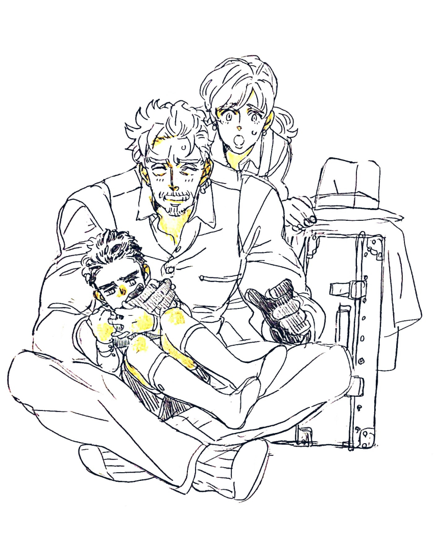 1girl 2boys aged_down beard facial_hair father_and_daughter gloves grandfather_and_grandson hat unworn_hat unworn_headwear highres jojo_no_kimyou_na_bouken joseph_joestar joseph_joestar_(old) kuujou_holly kuujou_joutarou long_hair mother_and_son multiple_boys short_hair sitting smile stardust_crusaders sweatdrop user_stsd5428