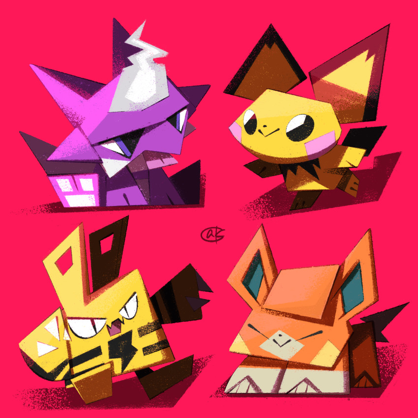 black_eyes claws closed_eyes elekid gen_2_pokemon gen_8_pokemon highres karasusho nintendo no_humans open_mouth orange_hair pawmi pichu pokemon pokemon_(creature) purple_eyes red_background signature simple_background sitting smile tongue tongue_out toxel