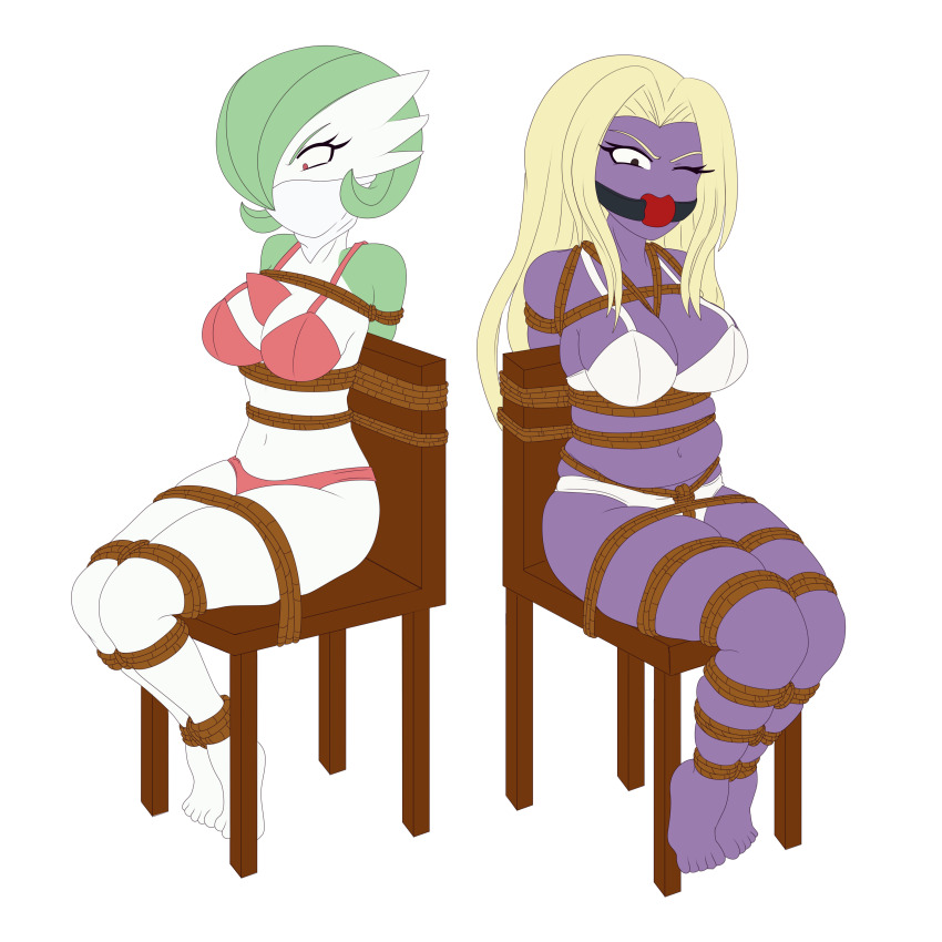2girls absurdres ass ball_gag bare_shoulders bdsm belly blonde_hair bob_cut bondage bound bra breasts brown_rope chair cleavage cloth_gag collarbone colored_skin ears eyebrows eyelashes feet gag gagged gagmanzx gardevoir gen_1_pokemon gen_3_pokemon green_hair green_skin highres huge_ass improvised_gag jynx large_breasts legs lips long_eyelashes long_hair multiple_girls navel nintendo panties pink_bra pink_panties pink_straps plump png_conversion pokemon pokemon_(creature) purple_eyes purple_lips purple_skin red_eyes rope shiny_skin short_hair strap thick_eyebrows thick_eyelashes thick_thighs thighs toes underwear very_long_hair white_bra white_panties white_skin white_straps wide_hips