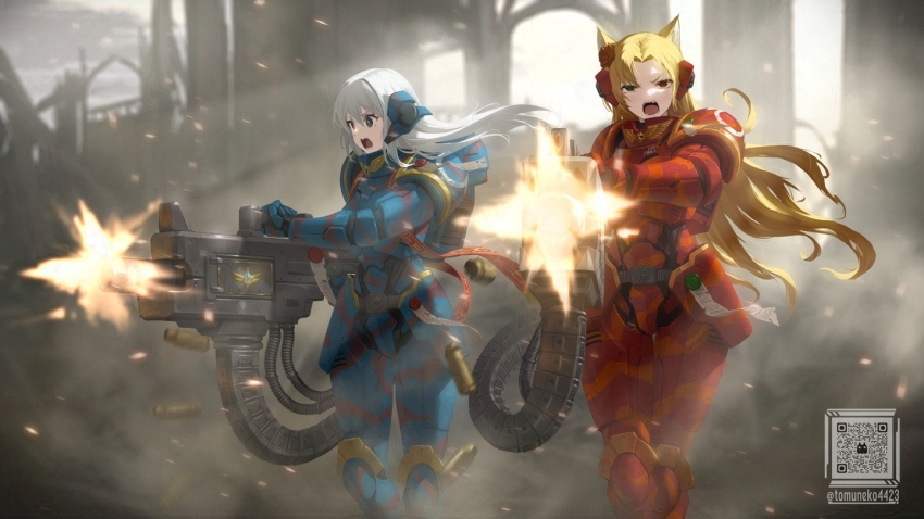 1.00_calibre_bolt 2girls adeptus_astartes adversarial_noise ammunition_chute animal_ears anti-materiel_cartridge armor artist_name belt_feed blonde_hair blue_armor blue_eyes bolt_(warhammer_40k) bolter cannon_cartridge firing gun heavy_bolter heterochromia high-explosive_cartridge machine_gun multiple_girls red_armor red_eyes rocket-assisted_projectile shell_casing tom-neko_(zamudo_akiyuki) ultramarines warhammer_40k weapon white_hair