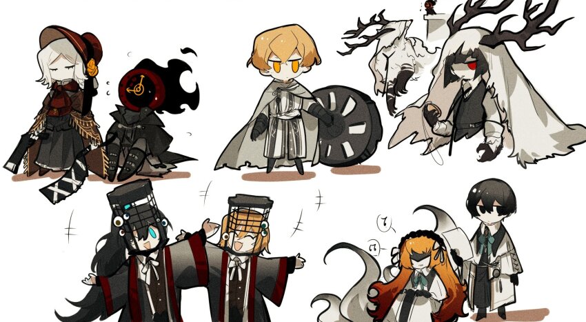 1other 3boys 4girls aislan alfred_(bloodborne) alfred_(bloodborne)_(cosplay) antlers aqua_eyes ascot black_eyes black_hair black_jacket black_robe black_vest blonde_hair bloodborne bonnet brown_cloak cage chibi choir_set_(bloodborne) cloak clock closed_eyes cosplay dante_(limbus_company) dress faust_(project_moon) highres holding holding_weapon horns hunter_(bloodborne) hunter_(bloodborne)_(cosplay) jacket limbus_company logarius_wheel long_hair medium_hair mensis_cage micolash_host_of_the_nightmare micolash_host_of_the_nightmare_(cosplay) multiple_boys multiple_girls object_head orange_hair plain_doll plain_doll_(cosplay) ponytail project_moon red_ascot red_eyes robe ryoshu_(project_moon) shirt short_hair sinclair_(project_moon) veil vest vicar_amelia vicar_amelia_(cosplay) weapon wheel white_cloak white_hair white_robe white_shirt white_veil yellow_eyes yurie_the_last_scholar yurie_the_last_scholar_(cosplay)