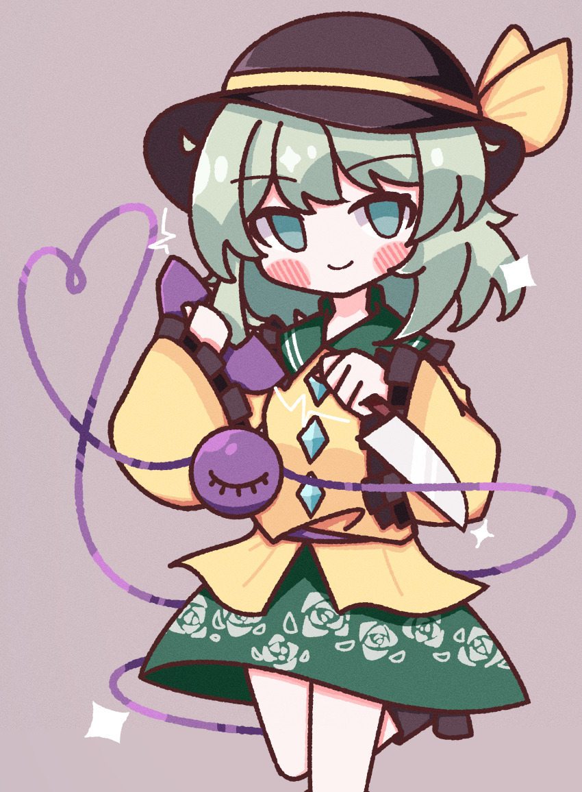1girl absurdres black_hat blush bow buttons diamond_button floral_print frilled_shirt_collar frilled_sleeves frills green_eyes green_hair green_skirt hat hat_bow heart heart_of_string highres holding holding_knife holding_phone knife komeiji_koishi leg_up light_green_hair long_sleeves medium_hair phone rose_print shirt simple_background skirt sleeves_past_wrists smile solo sparkle standing standing_on_one_leg third_eye touhou waroemon weapon yellow_bow yellow_shirt