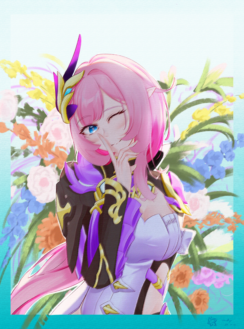 1girl ;) absurdres black_shrug blue_eyes breasts chinese_commentary commentary_request corset elf elysia_(honkai_impact) elysia_(miss_pink_elf)_(honkai_impact) flower hair_ornament highres honkai_(series) honkai_impact_3rd large_breasts looking_at_viewer one_eye_closed pink_hair pointy_ears shrug_(clothing) smile solo white_corset wuling_yl