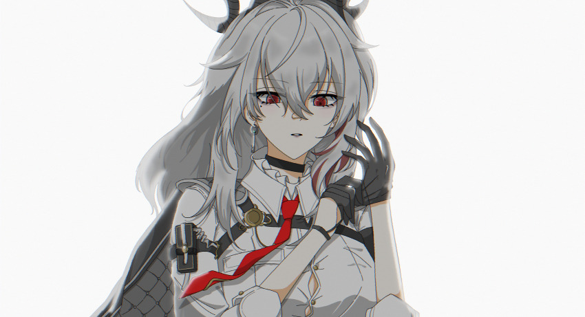 1girl absurdres adjusting_clothes adjusting_gloves arm_pouch black_choker black_gloves black_horns black_jacket black_pouch breasts button_gap chest_harness choker collared_shirt commentary curled_horns earrings gloves grey_hair gwaksunpal hair_between_eyes harness highres horns jacket jacket_on_shoulders jewelry key_earrings large_breasts long_hair looking_at_viewer mole mole_under_eye multicolored_hair necktie parted_lips red_eyes red_necktie shirt solo streaked_hair upper_body white_shirt wuthering_waves zani_(wuthering_waves)