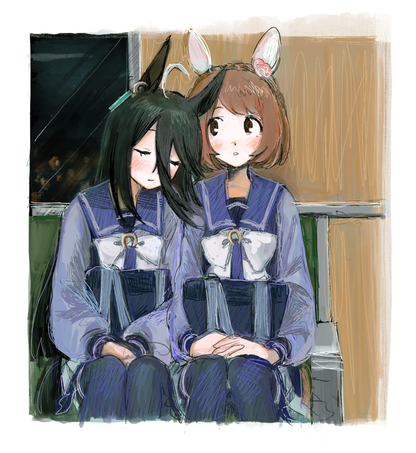 2girls animal_ears bag black_hair blue_shirt blue_skirt blue_thighhighs blush bow bowtie braid brown_hair closed_eyes crown_braid ear_covers feet_out_of_frame head_on_another&#039;s_shoulder highres horse_ears horse_girl horse_tail leaning_on_person long_hair long_sleeves looking_at_another looking_to_the_side manhattan_cafe_(umamusume) multiple_girls sailor_collar school_bag school_uniform shirt short_hair sitting skirt sleeping subaru_(user_tmwv7722) tail thighhighs tracen_school_uniform umamusume window yukino_bijin_(umamusume) yuri