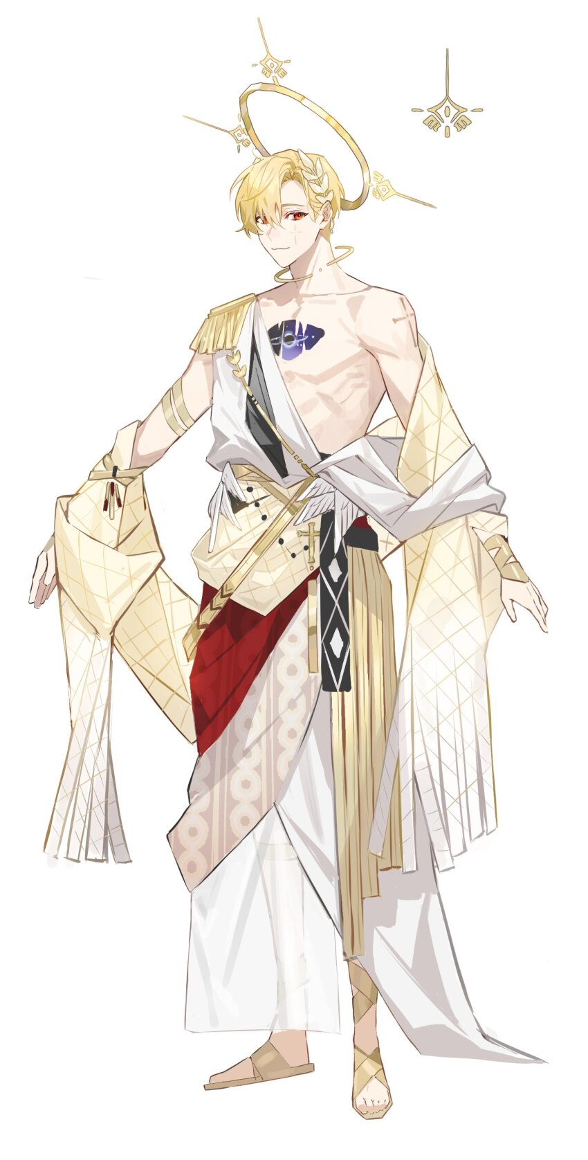 1boy absurdres angel arm_guards arm_tattoo blonde_hair bon_(bony_53) closed_mouth cross cross_tattoo epaulettes facial_mark full_body gladiator_sandals hair_between_eyes halo highres hole_in_chest hole_on_body indie_virtual_youtuber jewelry laurel_crown looking_at_viewer male_focus neck_ring no_nipples noahh_nim outstretched_arms pectorals planet red_eyes red_sash robe sandals sash see-through_clothes shawl short_hair side_part simple_background single_bare_shoulder single_epaulette sleeveless smile solo standing tattoo thigh_strap toga toned toned_male virtual_youtuber white_background white_robe white_wings wings yellow_sandals yellow_sash yellow_shawl
