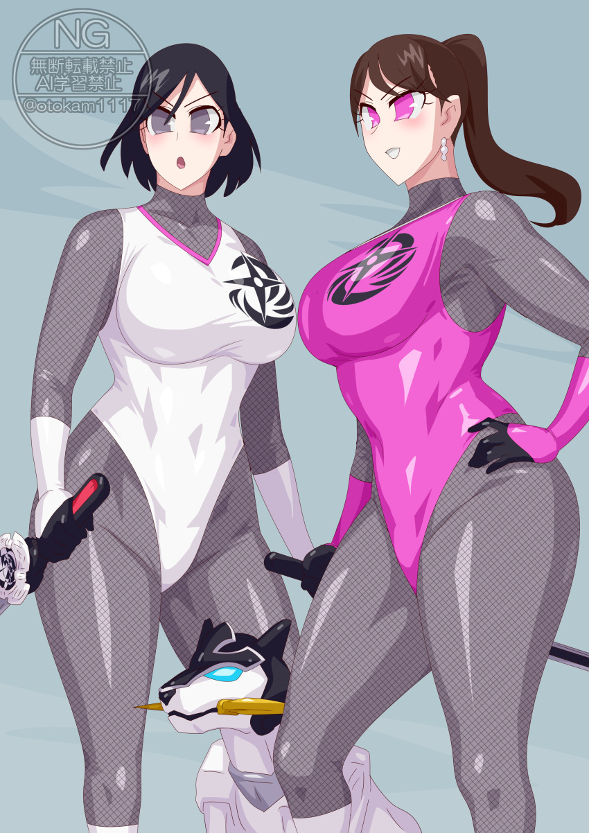 2girls absurdres big_breasts black_hair bodysuit brown_hair female grey_eyes highres igasaki_fuuka momochi_kasumi multiple_girls no_headwear otokam1117 otokamu pink_eyes shuriken_sentai_ninninger super_sentai