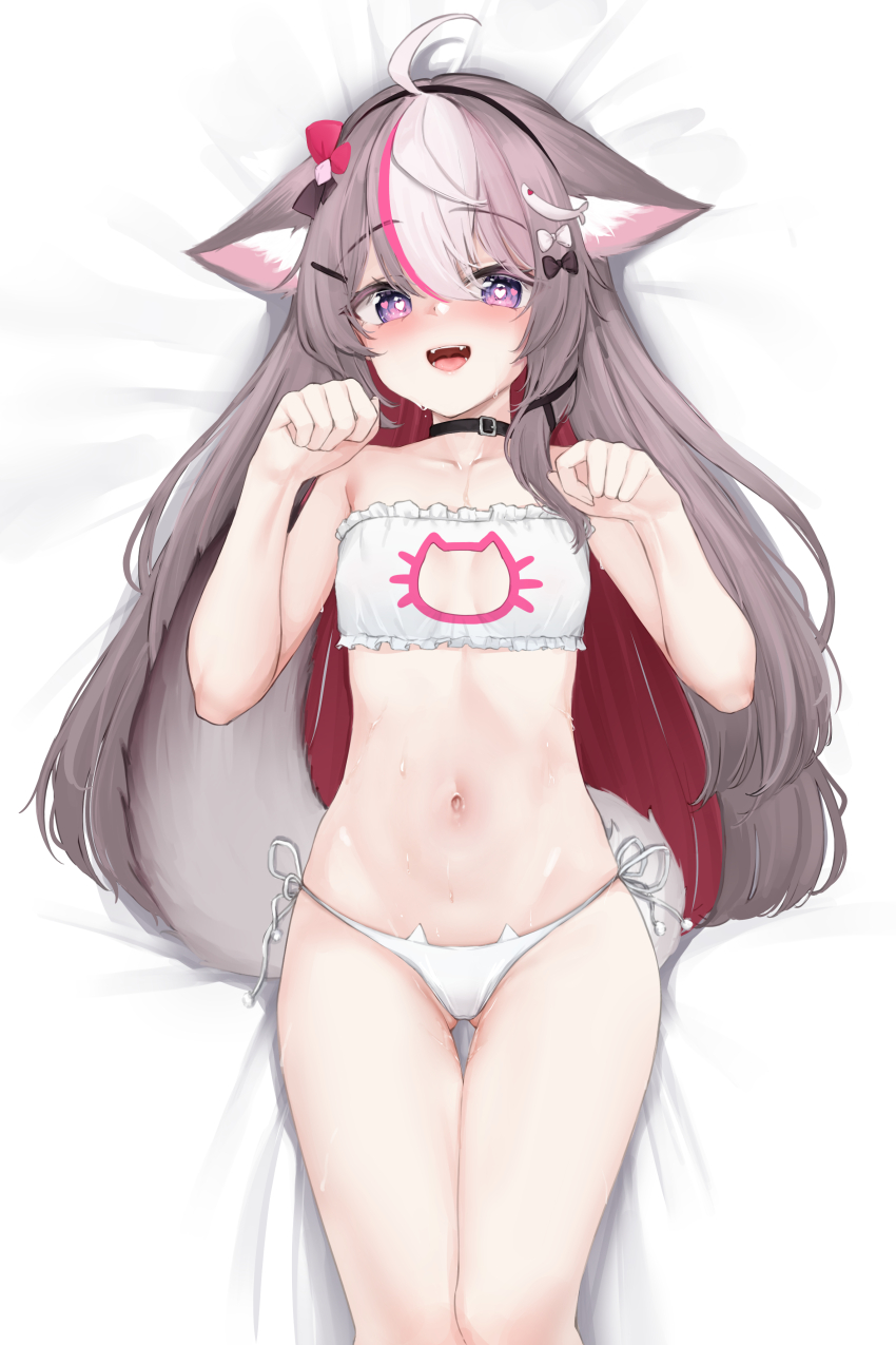 1girl :d absurdres ahoge animal_ear_fluff animal_ears bare_arms bare_shoulders bed_sheet benedia black_bow black_choker black_hairband black_ribbon blush bow bra breasts bright_pupils brown_hair cat_cutout cat_ear_panties cat_lingerie choker cleavage_cutout clothing_cutout collarbone colored_inner_hair droopy_ears eyelashes fangs feet_out_of_frame frilled_bra frills gluteal_fold grey_tail hair_between_eyes hair_bow hair_ornament hair_ribbon hairband hairclip hands_up heart heart-shaped_pupils highres lingerie long_hair looking_at_viewer lying meme_attire multicolored_eyes multicolored_hair nanaring navel on_back open_mouth panties paw_pose pink_eyes purple_eyes red_hair ribbon side-tie_panties small_breasts smile solo strapless strapless_bra swept_bangs symbol-shaped_pupils thigh_gap underwear underwear_only very_long_hair virtual_youtuber vlyz wet white_bow white_bra white_hair white_panties white_pupils