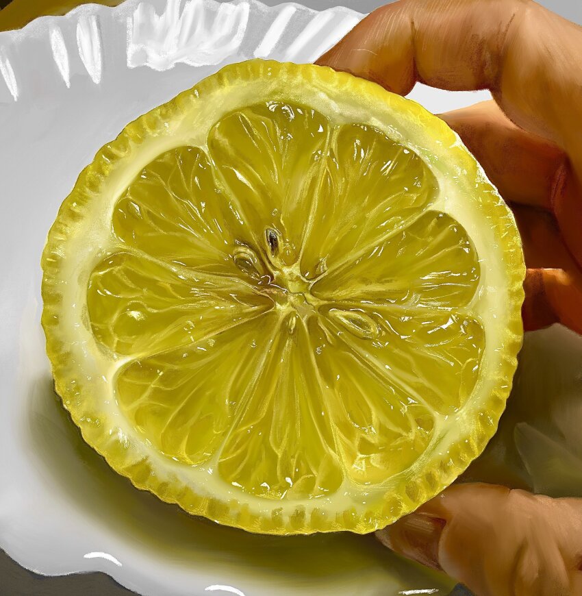 1other commentary_request food fruit fruit_focus highres holding holding_food holding_fruit lemon lemon_slice original plate realistic solo yasuta_kaii32i