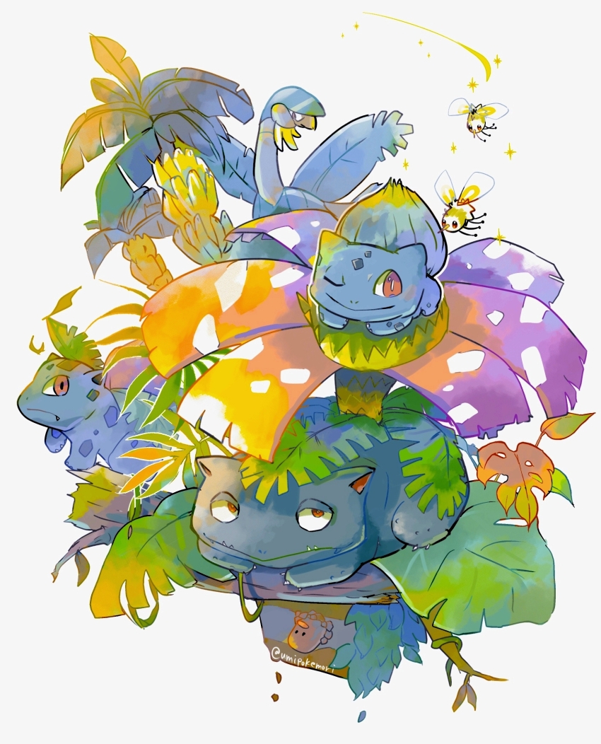animal_focus bulbasaur claws closed_mouth cutiefly diglett evolutionary_line fang full_body gen_1_pokemon gen_3_pokemon gen_7_pokemon highres ivysaur leaf nintendo no_humans pokemon pokemon_(creature) red_eyes sparkle tropius twitter_username umipokemori venusaur white_background