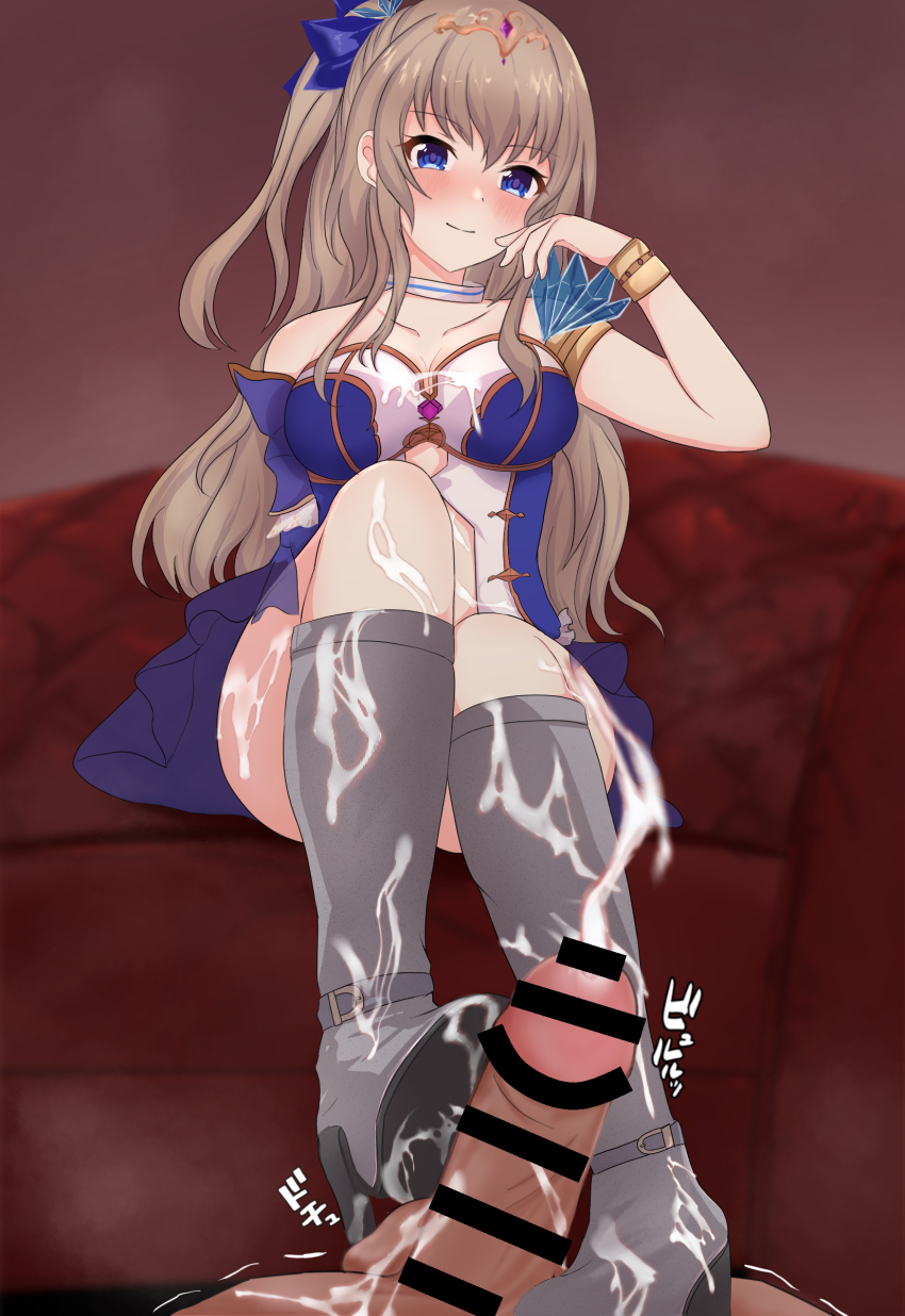 1boy 1girl 9-nine- absurdres armlet bar_censor bare_shoulders blue_bow blue_dress blue_eyes blurry blurry_background bootjob boots bow bracelet breasts brown_hair censored choker cleavage closed_mouth collarbone commentary_request commission convenient_leg couch cum cum_on_body cum_on_feet cum_on_legs dress ejaculation erection footjob footjob_with_legwear full_body grey_boots hair_between_eyes hair_bow hand_up hetero high_heel_boots high_heels highres indoors jewelry kujou_miyako large_breasts long_hair looking_at_viewer naughty_face official_alternate_costume official_alternate_hairstyle on_couch one_side_up penis pov pov_crotch ronpa short_dress sitting skeb_commission smile solo_focus sound_effects split_mouth strapless strapless_dress testicles tiara two-footed_footjob two-tone_dress white_choker white_dress