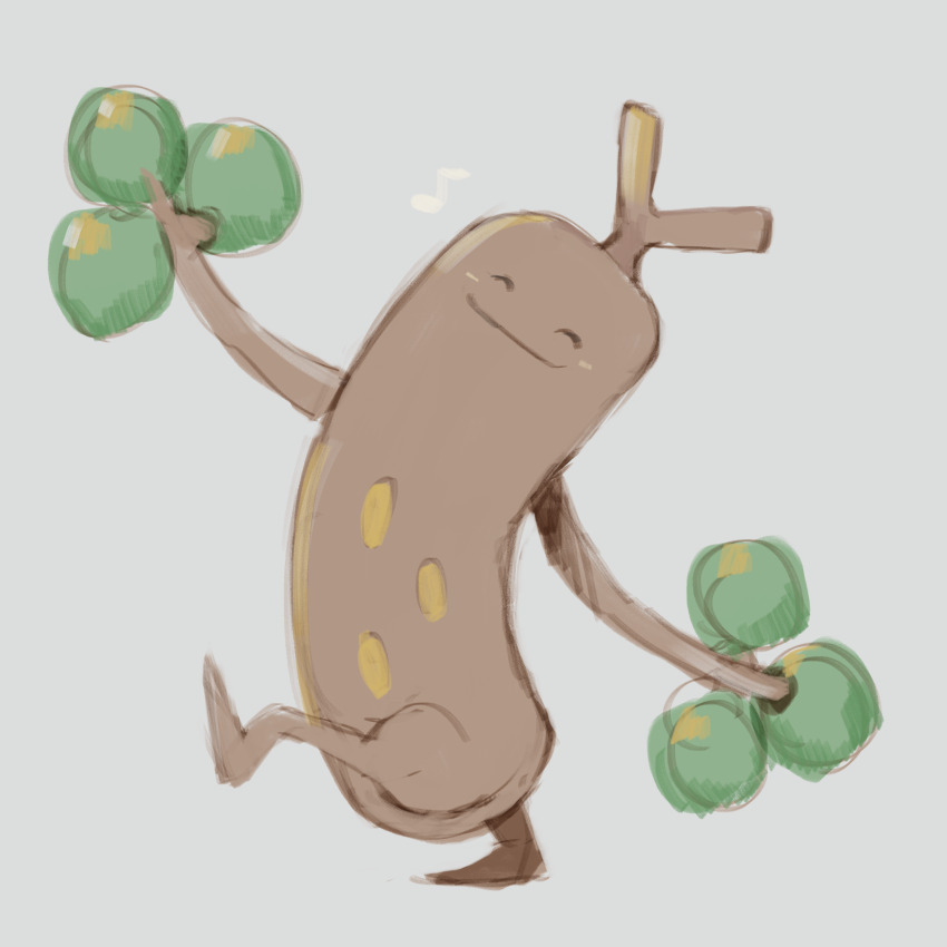^_^ absurdres arm_up closed_eyes closed_mouth dancing facing_viewer full_body gen_2_pokemon grey_background happy highres leg_up musical_note nintendo pokemon pokemon_(creature) simple_background sketch smile souji_touban standing standing_on_one_leg sudowoodo