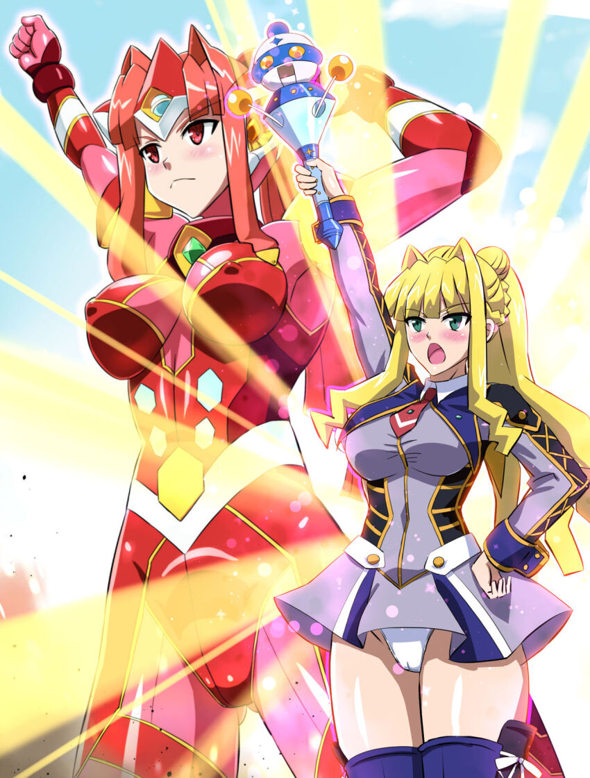 2girls arm_up arms_up asu_(hengaya) blonde_hair blue_dress blue_sky blue_thighhighs blunt_bangs blush bodysuit braid breasts cameltoe clenched_hands closed_mouth clothes_lift cloud collared_dress covered_erect_nipples cowboy_shot day dress dual_persona dust gem giant giantess green_eyes hair_bun hand_on_own_hip headgear highres holding holding_staff large_breasts light_rays long_hair long_sleeves looking_to_the_side low-tied_long_hair multiple_girls necktie ootori_vivienne open_mouth outdoors outline panties pantyshot parted_bangs ponytail red_bodysuit red_eyes red_hair red_necktie ribbon school_uniform sidelocks single_hair_bun skin_tight skirt skirt_lift sky staff standing thighhighs ufoman ultimate_girl underwear white_outline white_panties white_ribbon wrist_cuffs