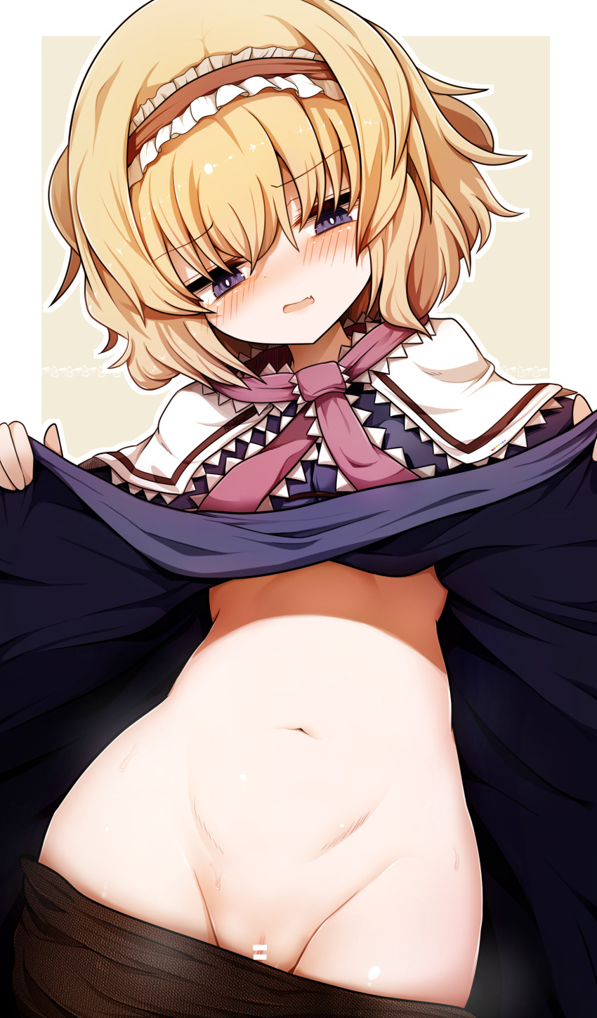 1girl absurdres alice_margatroid bar_censor black_pantyhose blonde_hair blue_dress blue_eyes blush capelet censored clothes_lift dress dress_lift frilled_hairband frills hagure_kedama hairband highres lifting_own_clothes navel no_panties pantyhose pussy solo stomach touhou white_capelet