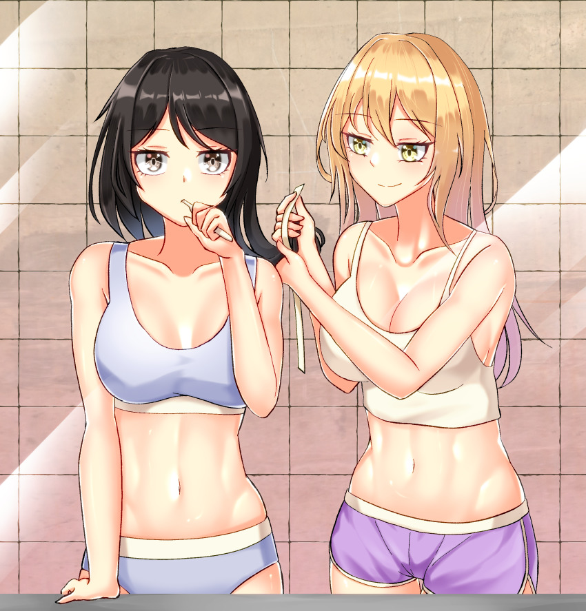 2girls absurdres blonde_hair breasts brown_eyes brown_hair brushing_teeth checkered_wall collarbone highres indoors large_breasts leo23 long_hair looking_at_viewer maribel_hearn medium_breasts mirror multiple_girls navel panties short_shorts shorts smile sports_bra tank_top toothbrush touhou underwear usami_renko yellow_eyes
