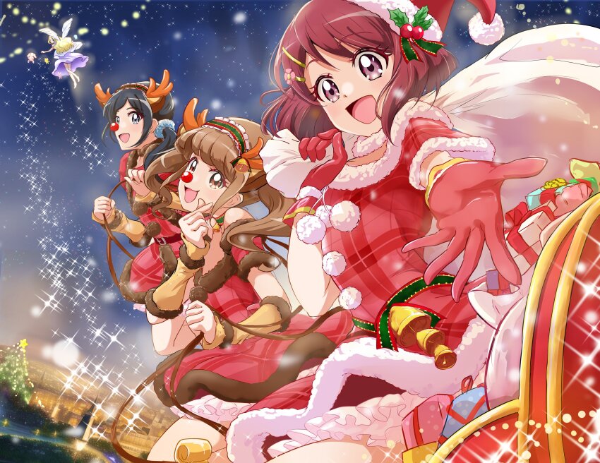 4girls :d absurdres angel_wings animal_ears antlers bell black_eyes black_hair blue_dress blue_scrunchie blunt_bangs bob_cut brown_gloves choker christmas commentary dress fake_animal_ears flying frilled_dress frilled_hairband frills fur-trimmed_dress fur_collar fur_trim fuurin_asumi gift gloves green_choker green_hairband hair_bell hair_ornament hair_scrunchie hairband hairclip half_gloves hanadera_nodoka hat hat_ornament healin&#039;_good_precure highres hiramitsu_hinata holding holding_sack holly_hat_ornament horns ken_akai latte_(precure) light_particles long_hair looking_at_viewer looking_back medium_hair multiple_girls night nyatoran_(precure) off-shoulder_dress off_shoulder open_mouth outdoors over_shoulder pegitan_(precure) plaid_clothes plaid_dress precure rabirin_(precure) reaching reaching_towards_viewer red_eyes red_gloves red_hair red_headwear red_nose reindeer_antlers reins sack santa_costume santa_dress santa_hat sawaizumi_chiyu scrunchie short_dress short_hair side_ponytail sleigh smile sparkle twintails wings