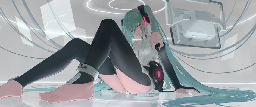1girl absurdres anklet aqua_eyes aqua_hair black_sleeves commentary_request depressed detached_sleeves hair_between_eyes hatsune_miku highres indoors jewelry long_hair mixed-language_commentary number_tattoo shirt sitting sleeveless sleeveless_shirt solo tadanotarosuke tagme tattoo twintails vocaloid