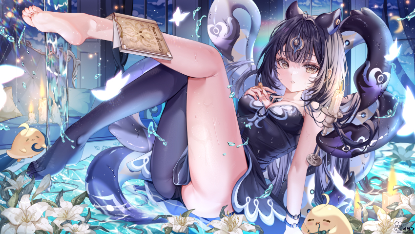 1girl abelia_(vtuber) absurdres animal_ears bird black_dress black_hair book breasts bug butterfly candle chicken crescent_moon dress flower highres indie_virtual_youtuber insect isari_sensei long_hair monster_girl moon scylla single_leg_pantyhose solo strapless strapless_dress tentacles virtual_youtuber water white_flower window