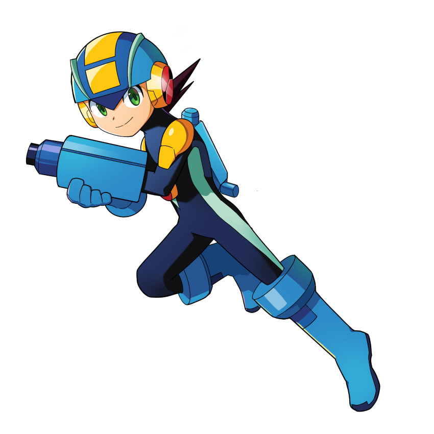 1boy android arm_cannon blue_bodysuit blue_boots blue_gloves bodysuit boots full_body gloves green_eyes helmet highres looking_at_viewer male_focus mega_man_(series) mega_man_battle_network_(series) megaman.exe poshino_pikari smile solo transparent_background weapon
