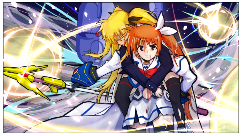2girls angry battle blonde_hair blood brown_hair carrying clenched_teeth couple fate_testarossa fate_testarossa_(impulse_form) highres injury jacket long_hair lyrical_nanoha mahou_shoujo_lyrical_nanoha mahou_shoujo_lyrical_nanoha_strikers multiple_girls piggyback purple_eyes raising_heart raising_heart_(exceed_mode) takamachi_nanoha takamachi_nanoha_(aggressor_mode) teeth twintails user_sjde7774 very_long_hair white_jacket yuri