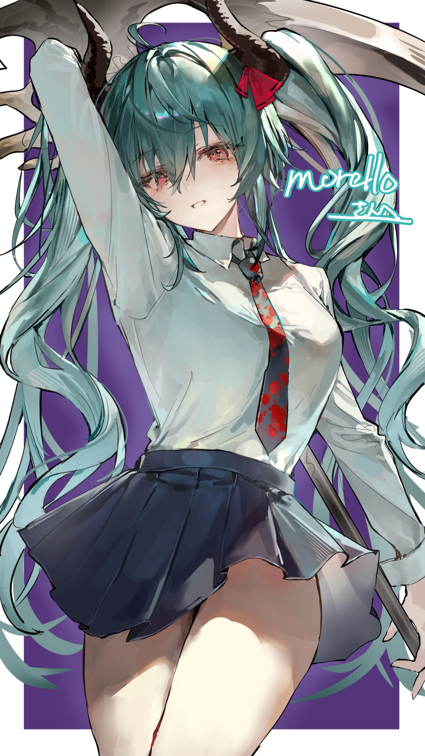 1girl absurdres ahoge arm_up bare_legs black_bow black_bowtie black_horns black_skirt border borrowed_character bow bowtie collared_shirt commissioner_name cowboy_shot double-parted_bangs hair_between_eyes highres holding holding_behind_back holding_scythe holding_weapon_behind_back horns kabi_(zcwd8845) legs_together light_smile long_hair long_sleeves looking_at_viewer miniskirt morello_(morellostorment) original outline outside_border parted_lips pleated_skirt purple_background red_bow red_bowtie red_eyes scythe second-party_source shirt shirt_tucked_in skirt solo tented_shirt twintails two-handed two-tone_bow two-tone_bowtie upskirt wavy_hair white_border white_shirt wind wind_lift wing_collar