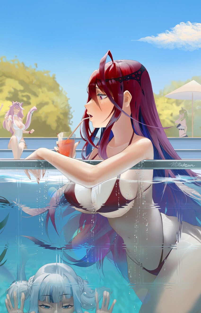 4girls absurdres ahoge animal_ears bikini blue_eyes blue_hair blue_sky breasts ceres_fauna derivative_work distortion drinking_straw elizabeth_rose_bloodflame fins fish_tail gawr_gura glass_wall green_hair hair_ornament highres hololive hololive_english huge_ahoge large_breasts long_hair multicolored_hair multiple_girls nikatsun one-piece_swimsuit outdoors panther_ears panther_girl panther_tail partially_underwater_shot pink_hair pool raora_panthera red_bikini red_eyes red_hair red_nails shark_girl shark_tail sky swimsuit tail tree_horns virtual_youtuber white_one-piece_swimsuit