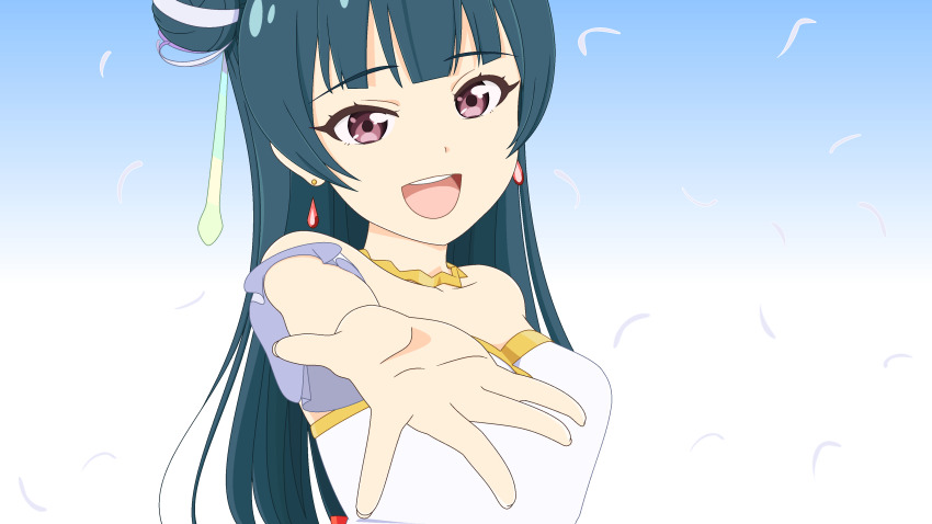 1girl :d absurdres babmouse bare_shoulders blue_background blue_hair choppy_bangs collarbone commentary detached_sleeves dress earrings english_commentary far_far_away_(love_live!) genjitsu_no_yohane gradient_hair hair_bun head_tilt highres jewelry long_hair looking_at_viewer love_live! love_live!_sunshine!! making-of_available microsoft_paint_(medium) mixed-language_commentary multicolored_hair necklace open_mouth reaching reaching_towards_viewer red_eyes shadow sidelocks single_earring smile solo star_(symbol) star_necklace strapless strapless_dress tsushima_yoshiko upper_body white_background yohane_(genjitsu_no_yohane)