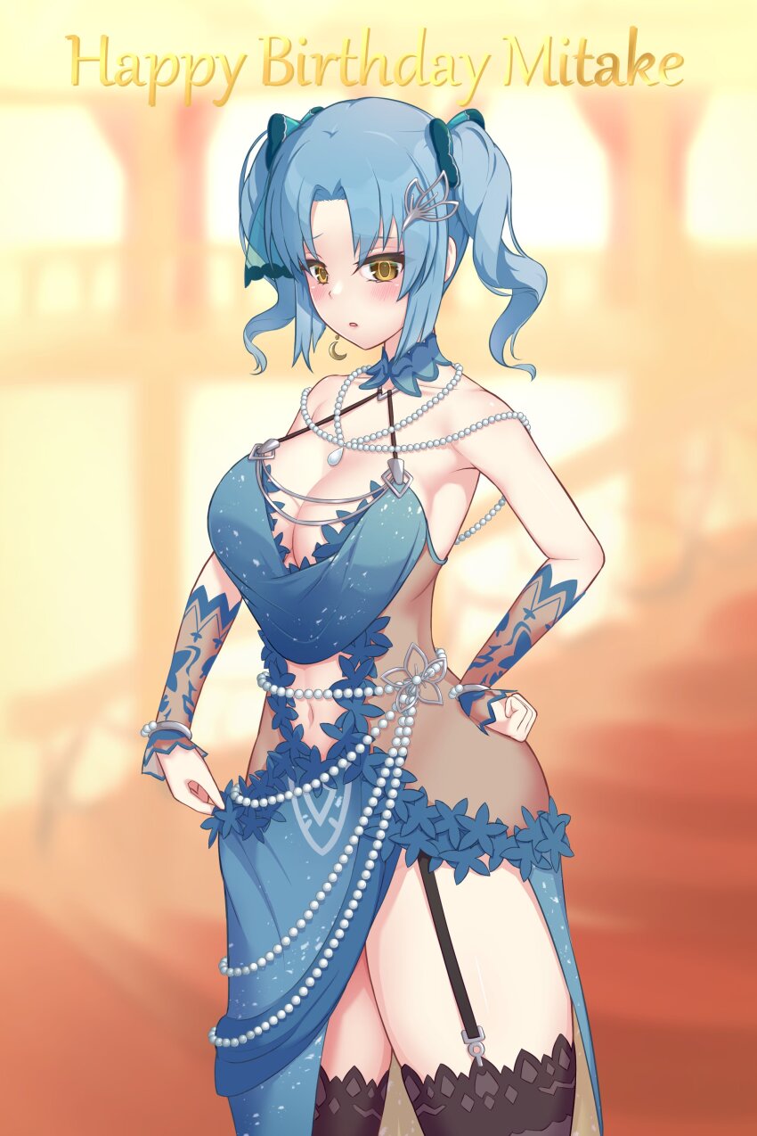1girl absurdres alternate_hairstyle aqua_bow assault_lily bare_shoulders black_thighhighs blue_collar blue_hair blurry blurry_background blush bow bracelet breasts character_name cleavage clothing_cutout collar collarbone commentary_request cowboy_shot detached_sleeves dress garter_straps gem hair_bow hair_ornament halter_dress halterneck hand_on_own_hip happy_birthday highres indoors jewelry large_breasts leaf_hair_ornament looking_ahead makino_mitake navel parted_bangs parted_lips pearl_(gemstone) pendant raised_eyebrows see-through_clothes short_hair side_slit sleeves_past_wrists solo stairs standing stomach_cutout thighhighs twintails ueharu yellow_eyes
