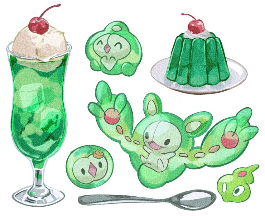 :d anzu_(01010611) cherry dessert duosion evolutionary_line film_grain food fruit gelatin gen_5_pokemon gen_6_pokemon highres ice_cream legendary_pokemon nintendo open_mouth pokemon pokemon_(creature) pokemon_focus reuniclus smile solosis spoon tongue white_background zygarde zygarde_core