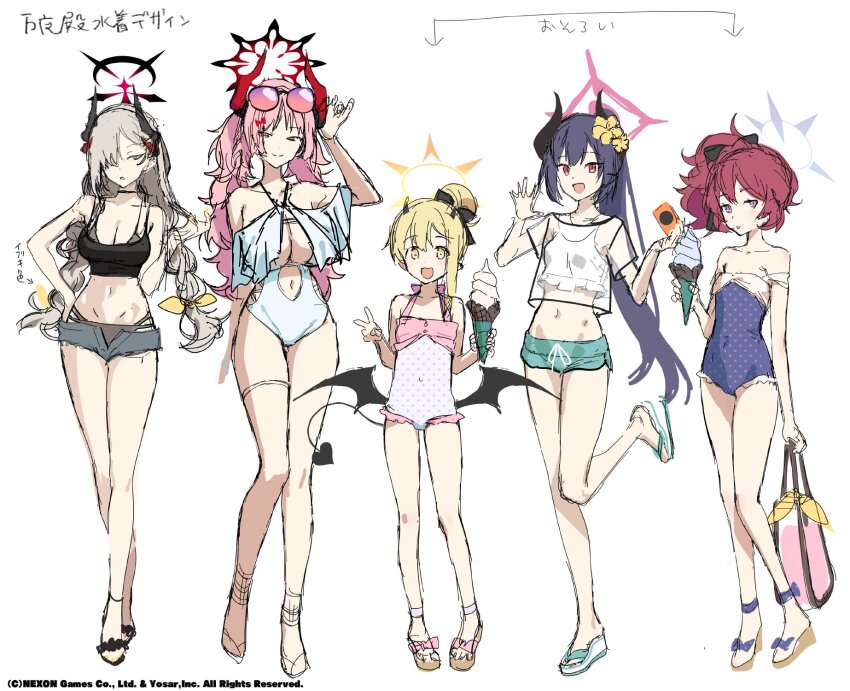 5girls akinashi_yuu black_horns blue_archive chiaki_(blue_archive) company_name copyright_name curved_horns demon_horns flip-flops full_body gradient_halo gradient_horns halo highres horns ibuki_(anniversary_swimsuit)_(blue_archive) ibuki_(blue_archive) iroha_(blue_archive) makoto_(blue_archive) multicolored_halo multicolored_horns multiple_girls multiple_horns off_shoulder official_alternate_costume official_art pandemonium_society_(blue_archive) production_art red_halo sandals satsuki_(blue_archive)