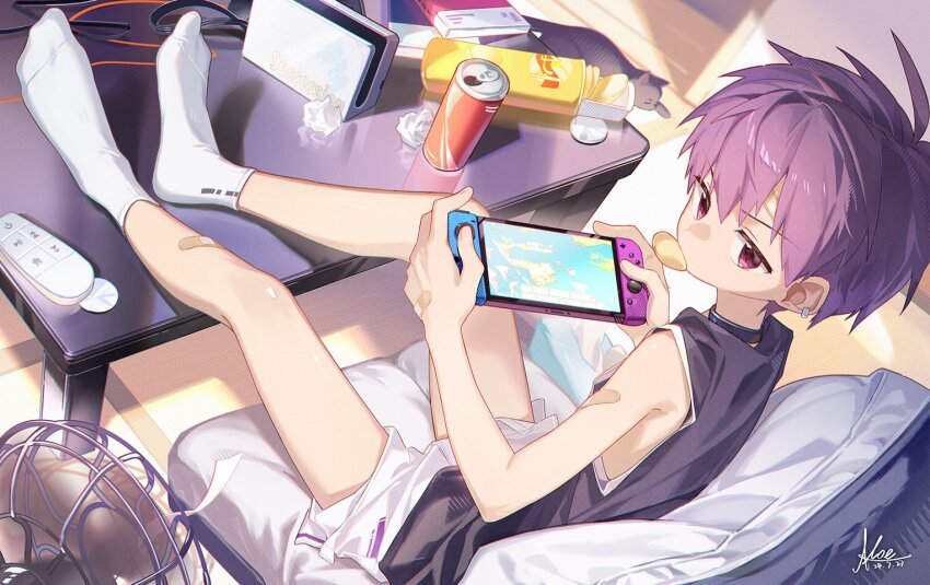 1boy animal bandaid bandaid_on_leg black_cat black_hair black_socks book can cat chair chips_(food) choker commentary_request controller dated ear_piercing electric_fan food handheld_game_console holding koe_(mixpi) looking_at_viewer male_focus mouth_hold nintendo_switch nintendo_switch_dock original piercing playing_games potato_chips purple_hair red_eyes remote_control shorts signature sitting socks solo spiked_hair used_tissue white_shorts