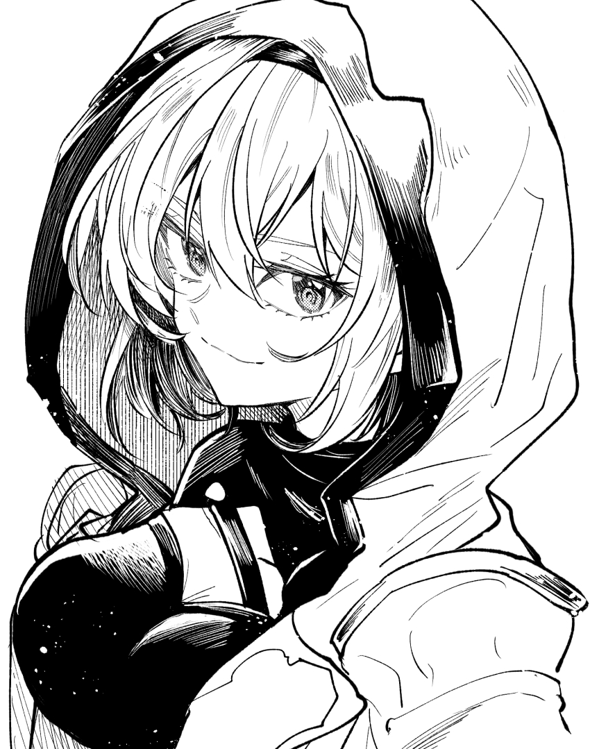 1girl djeeta_(granblue_fantasy) granblue_fantasy hairband headband highres honing_seeker:_nova hood hoodie jacket kudou_makoto looking_at_viewer monochrome smug solo white_jacket