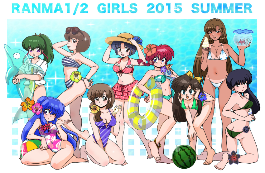 10s 2015 6+girls artist_collaboration ass bikini black_hair blue_eyes blue_hair blush braid breasts brown_eyes brown_hair butt_crack cleavage covered_navel fish food fruit gender_request genderswap gradient_background green_hair hair_ornament hair_ribbon highres innertube kneeling kunou_kodachi kuonji_ukyou leaning_forward long_hair looking_at_viewer multiple_girls ninomiya_hinako open_mouth purple_eyes purple_hair ranma-chan ranma_1/2 red_hair ribbon rio_(mintboo) saotome_ranma shampoo_(ranma_1/2) siblings single_braid sisters sitting smile standing swim_ring swimsuit tan tanline tendou_akane tendou_kasumi tendou_nabiki unryuu_akari wanta_(futoshi) watermelon