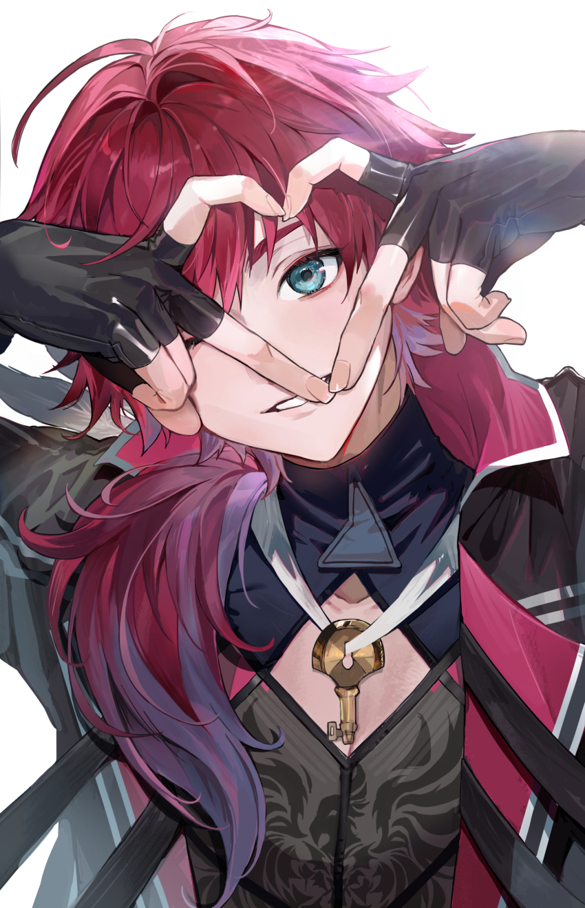 1boy four-finger_heart_hands absurdres black_gloves black_jacket black_skirt cleavage_cutout clothing_cutout commentary fingerless_gloves gloves green_eyes heart heart_hands heart_hands_over_eye highres jacket jewelry key key_necklace lauren_iroas lauren_iroas_(1st_costume) long_hair long_sleeves male_focus moko_(moko/moko) necklace nijisanji purple_hair red_hair simple_background skirt smile solo upper_body virtual_youtuber white_background