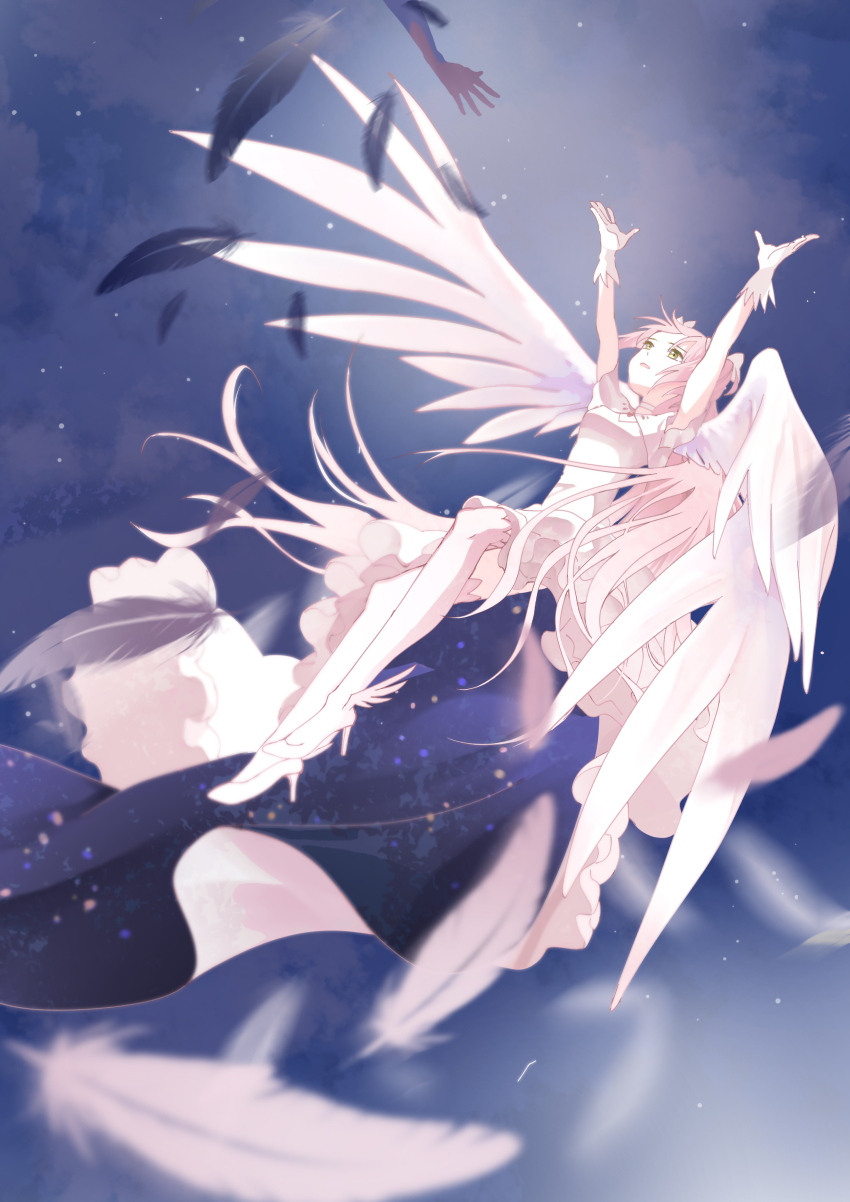 2girls absurdres akemi_homura akuma_homura angel_wings ankle_wings arms_up black_feathers blurry brooch cleavage_cutout clothing_cutout depth_of_field dress facing_up falling_feathers feathered_wings feathers gem gloves high-low_dress high_heels highres jewelry kaname_madoka light_particles long_hair looking_up mahou_shoujo_madoka_magica mahou_shoujo_madoka_magica:_hangyaku_no_monogatari midair multiple_girls out_of_frame pink_feathers pink_hair print_dress red_brooch red_gemstone sakuri_draw shoes sky solo_focus star_(sky) starry_sky starry_sky_background starry_sky_print thighhighs third-party_source two-sided_dress two-sided_fabric two_side_up ultimate_madoka very_long_hair white_dress white_feathers white_gloves white_shoes white_thighhighs wings yellow_eyes