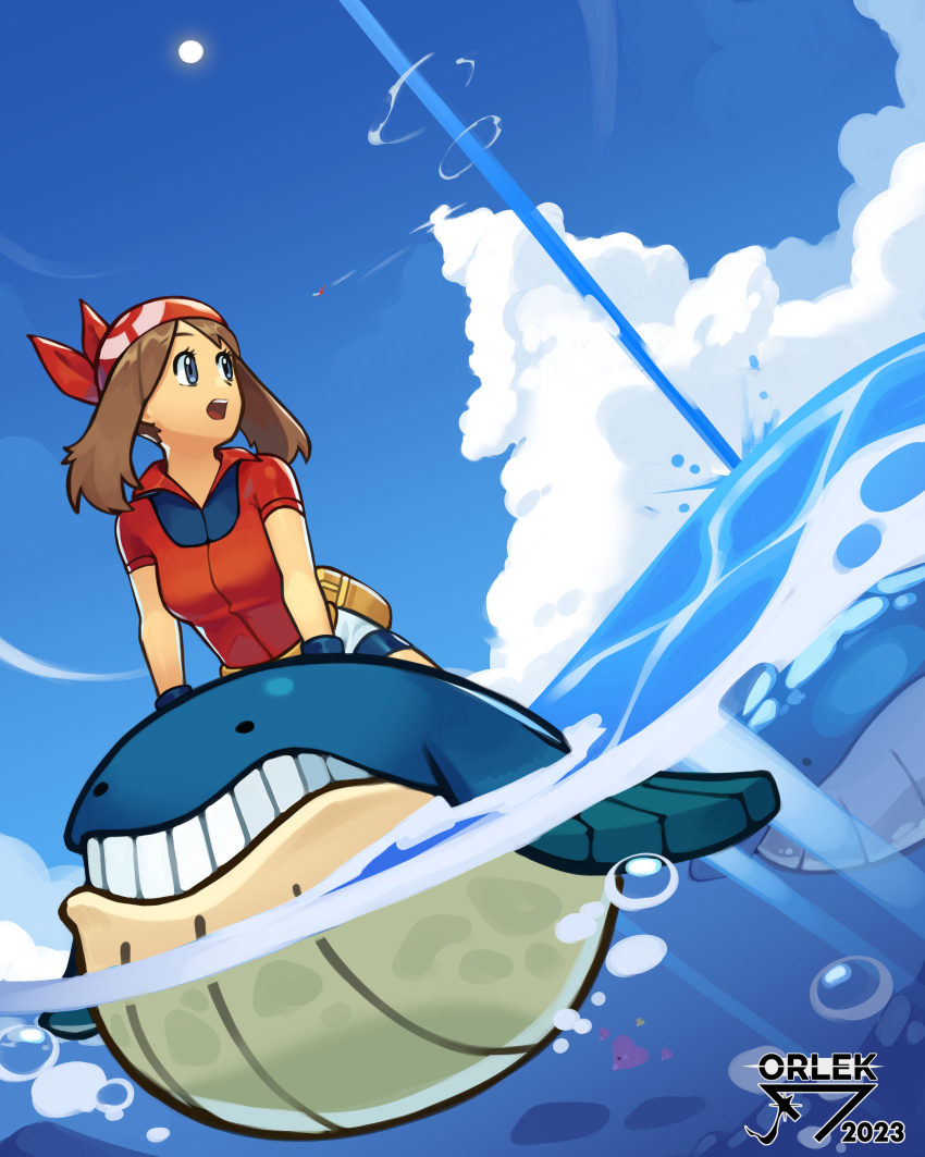 1girl absurdres artist_name bandana blue_sky brown_hair cloud fanny_pack gen_3_pokemon highres looking_to_the_side luvdisc may_(pokemon) nintendo open_mouth orlek pokemon pokemon_(creature) pokemon_rse red_bandana red_shirt shirt short_sleeves sky surf_(pokemon) teeth upper_teeth_only wailmer wailord water waterspout